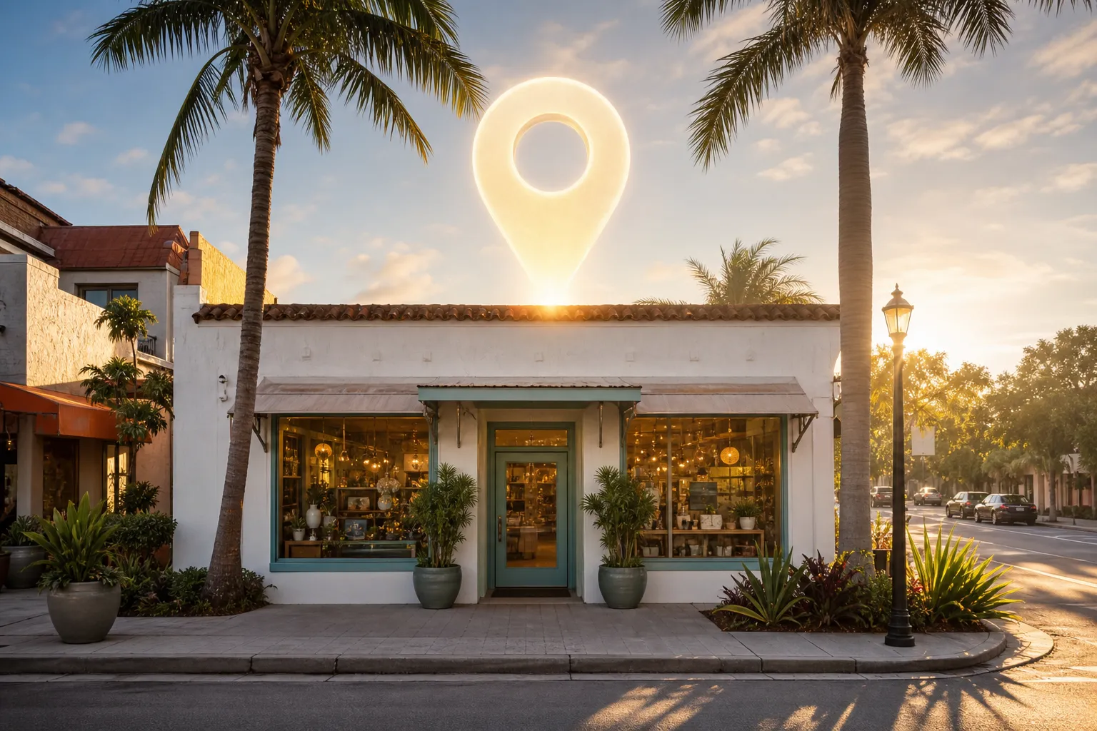 Sarasota storefront with a glowing map pin above it