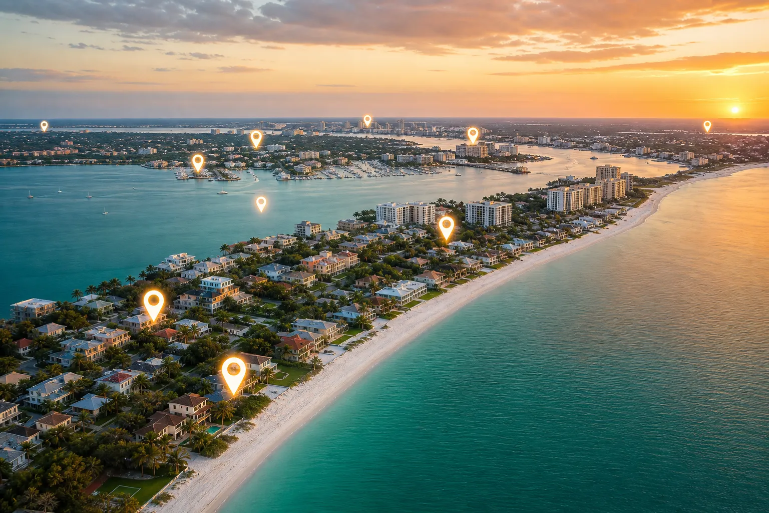 Aerial view of the Sarasota coastline with map pins