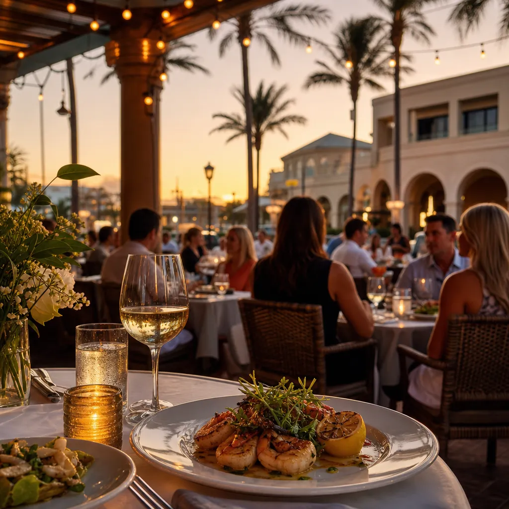 A bustling upscale Sarasota restaurant patio at golden hour with string lights and palm trees.