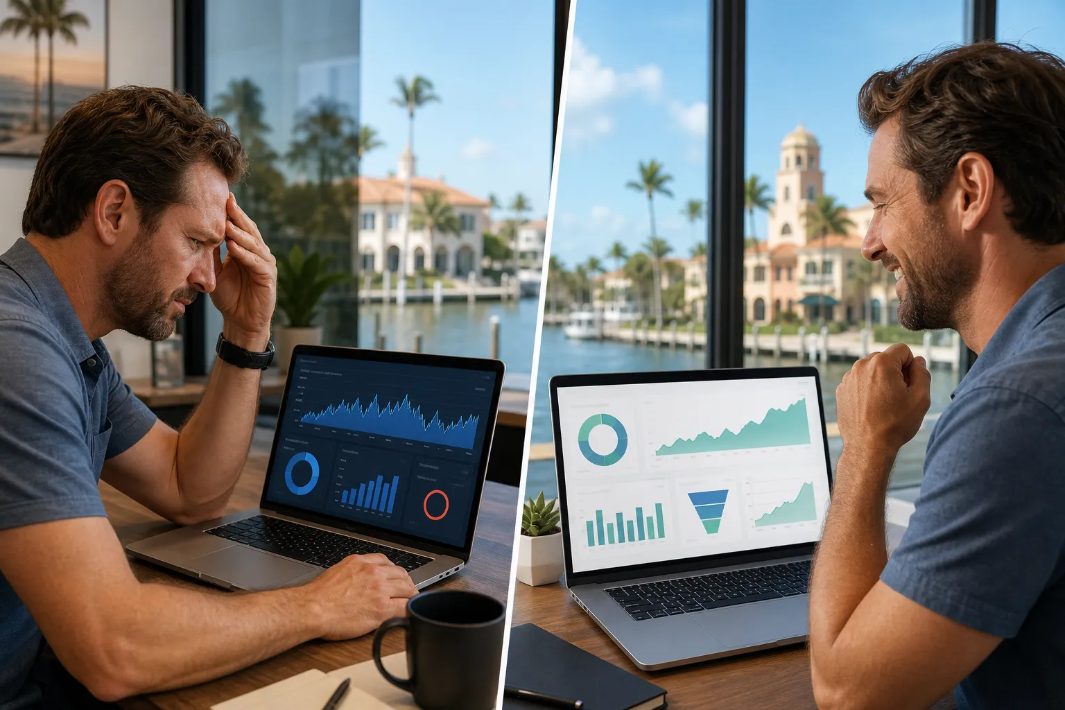A frustrated local business owner staring at website analytics showing high traffic but zero leads on a laptop screen, with a Venice, Florida waterfront office background; contrasted with a split-screen showing the same person smiling with a dashboard displaying converted leads and revenue metrics.