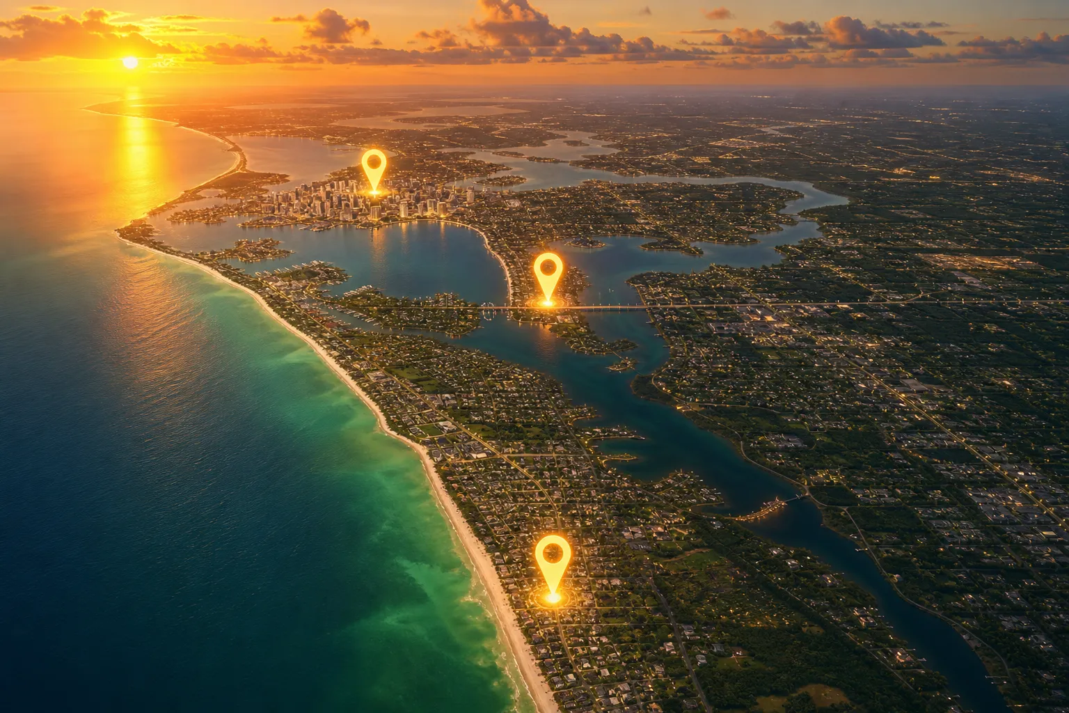 Aerial view of Sarasota County coastline with downtown Sarasota, Bradenton, and Venice marked by glowing pins on a digital map overlay, warm Florida sunset light