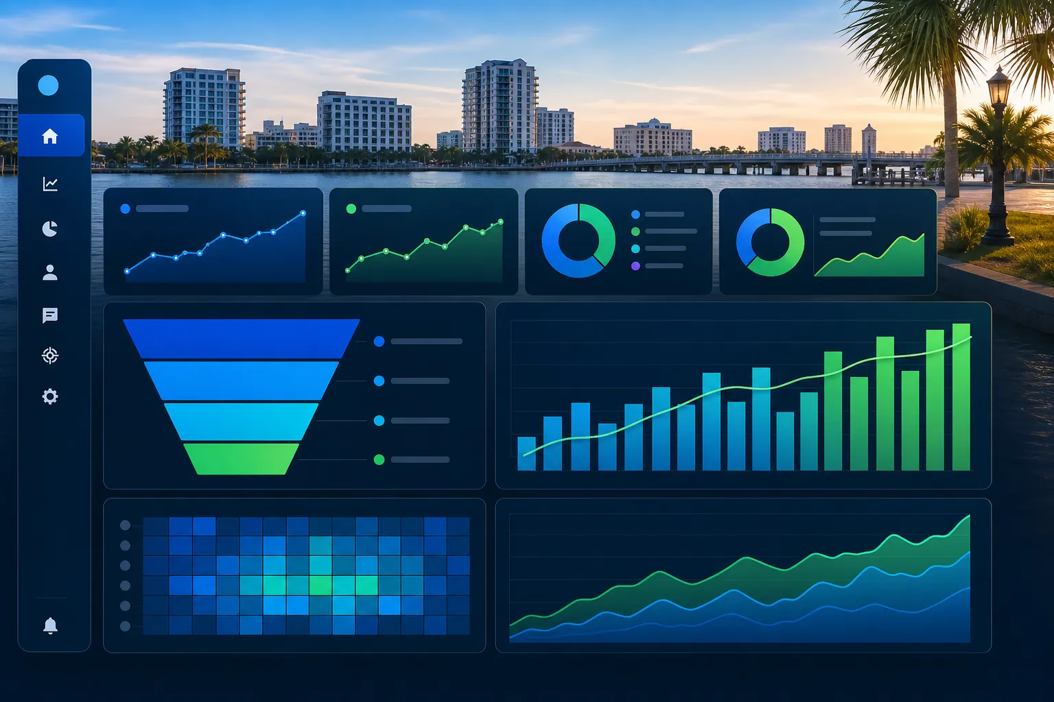 Professional digital marketing dashboard showing PPC campaign metrics, conversion funnels, and ROI graphs with Palmetto, FL cityscape in background