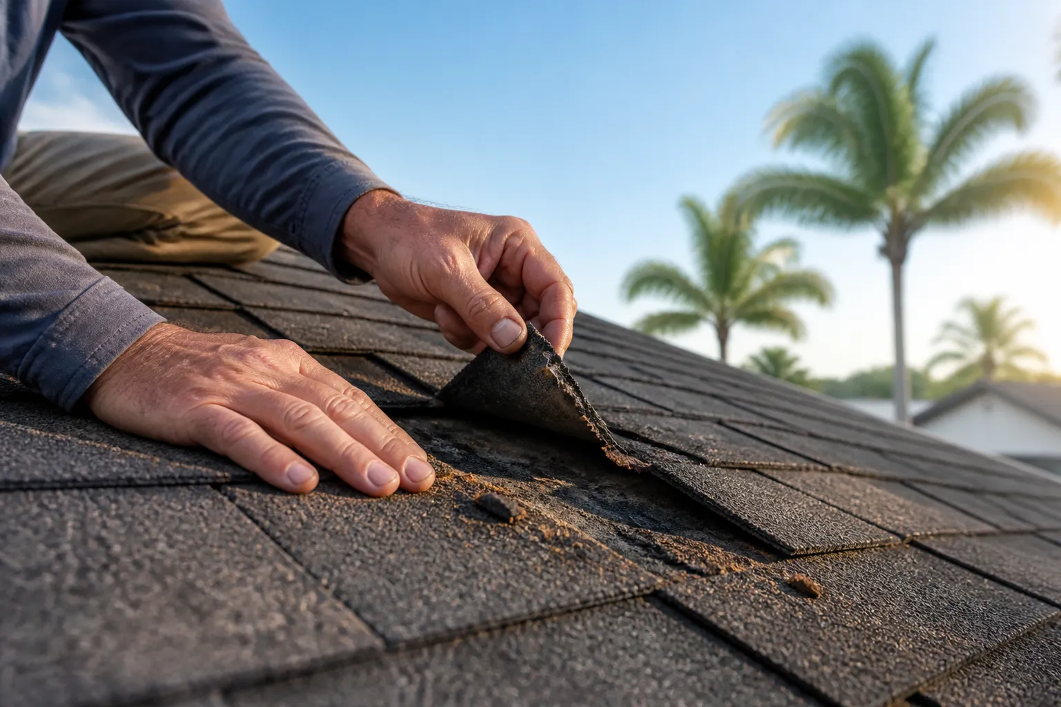 Close-up of a roofer's hands inspecting storm-damaged shingles on a residential roof, with clear sky and palm trees visible in the background, morning light
