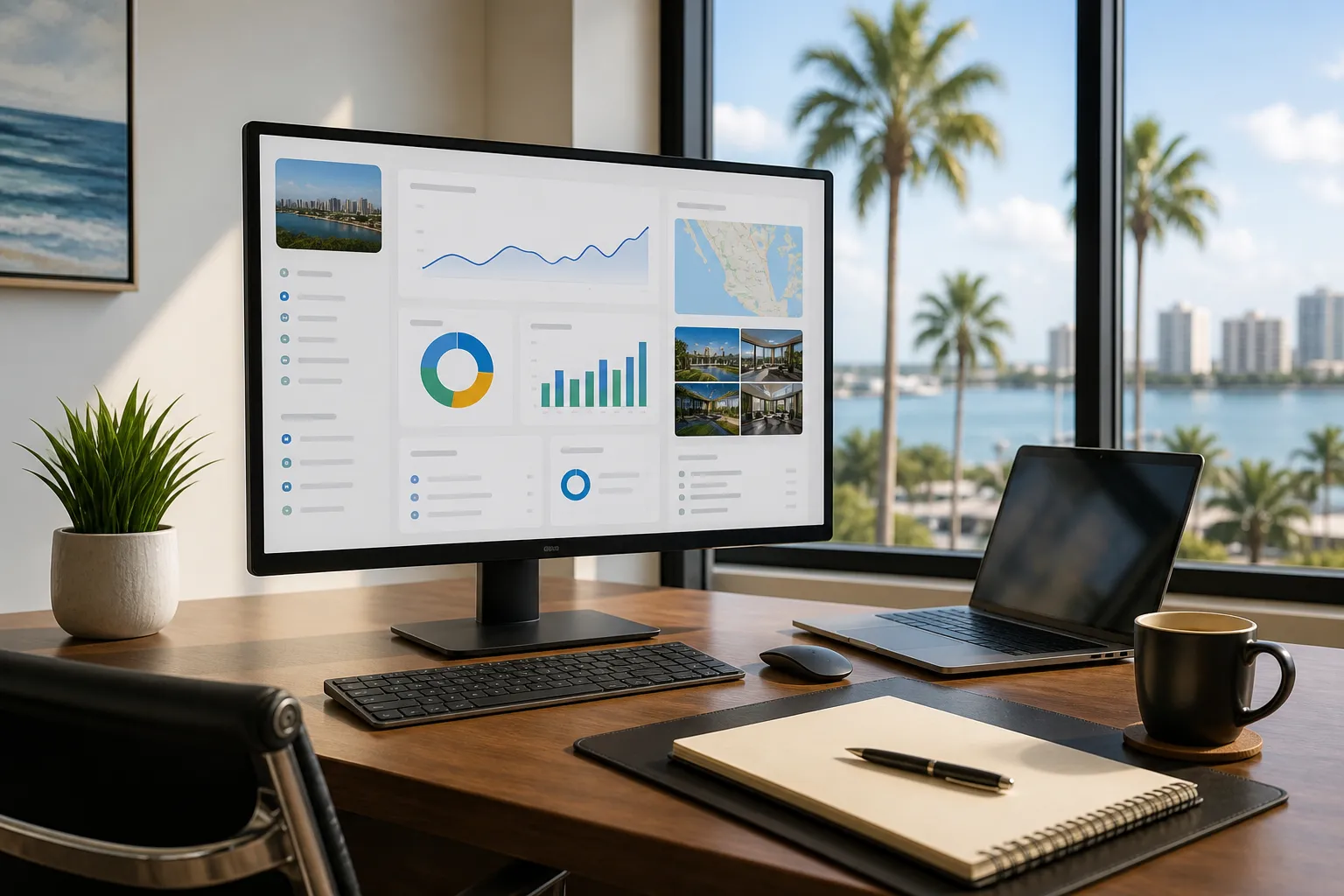 A professional office workspace in Sarasota with a desktop monitor displaying a Google Business Profile dashboard, laptop, notebook, and coffee cup on a clean wooden desk, overlooking a window with palm trees and coastal light.