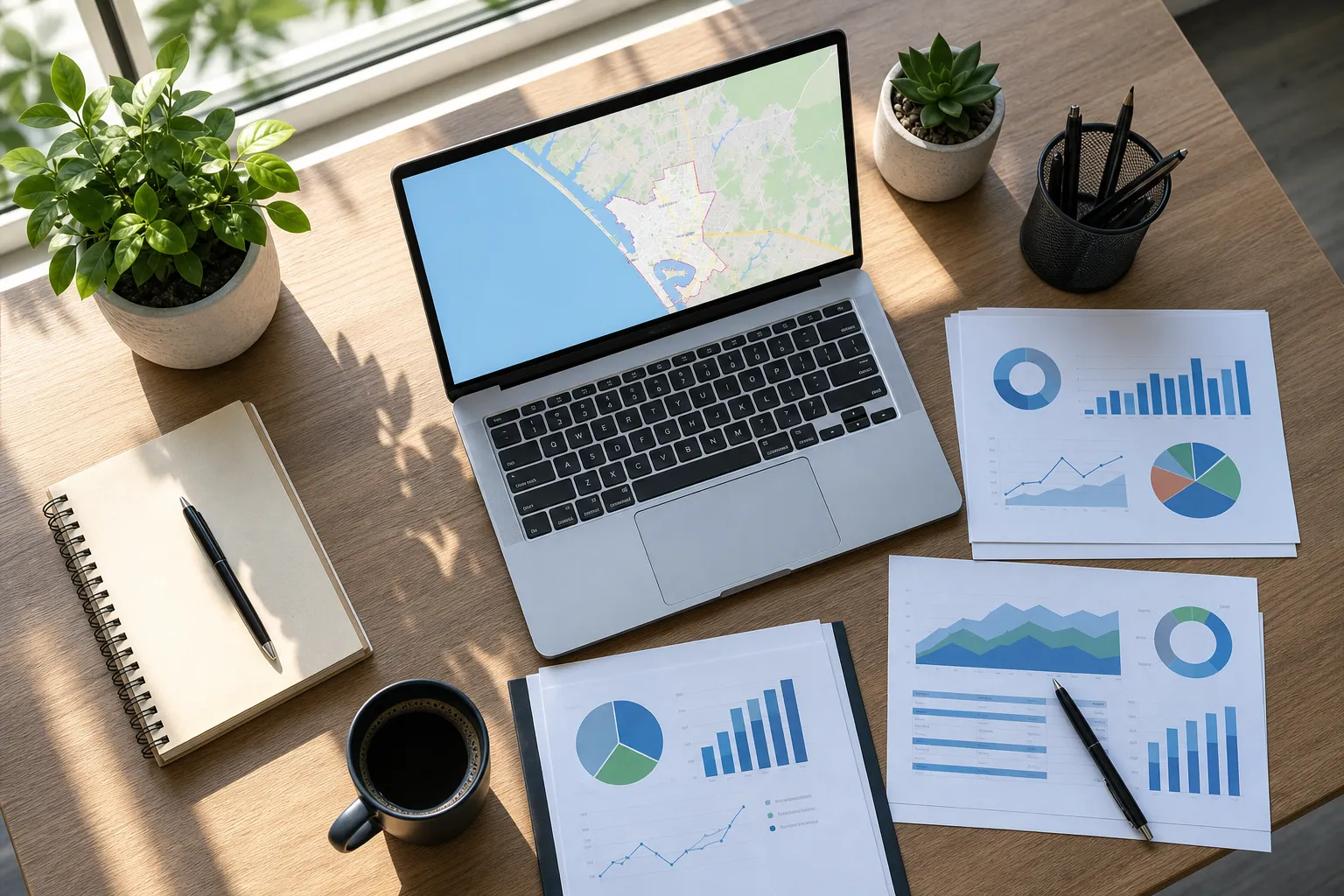 Overhead view of a modern office desk with a laptop displaying a Google Maps interface with Venice, Florida highlighted, alongside printed analytics reports and a coffee cup, natural morning light from a window
