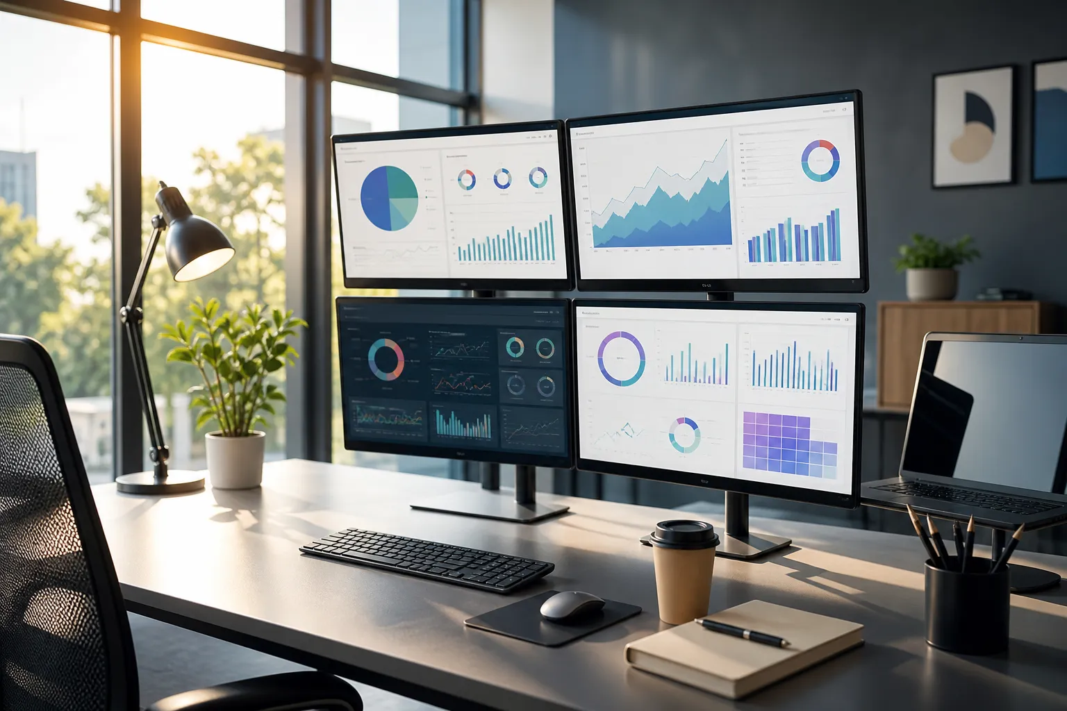 A modern office workspace with multiple monitors displaying social media dashboards and analytics charts